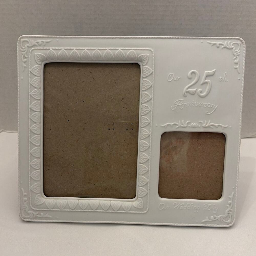 25th Wedding Anniversary Double Picture Frame White Embossed Keepsake Decor